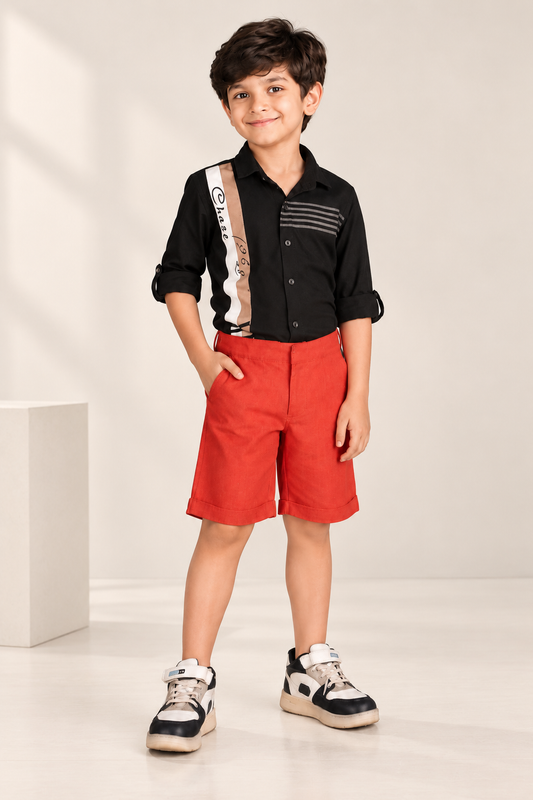 Red boys casual shorts with elasticated waist and knee-length fit
