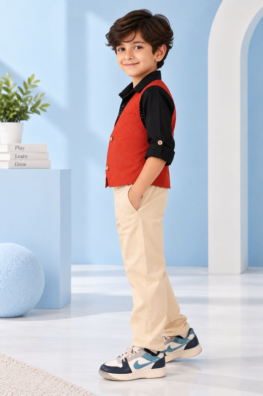 Red boys sleeveless waistcoat with black contrast shoulders and front button closure
