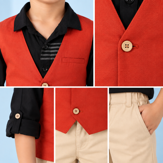 Red boys sleeveless waistcoat with black contrast shoulders and front button closure
