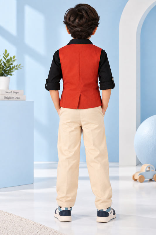 Red boys sleeveless waistcoat with black contrast shoulders and front button closure
