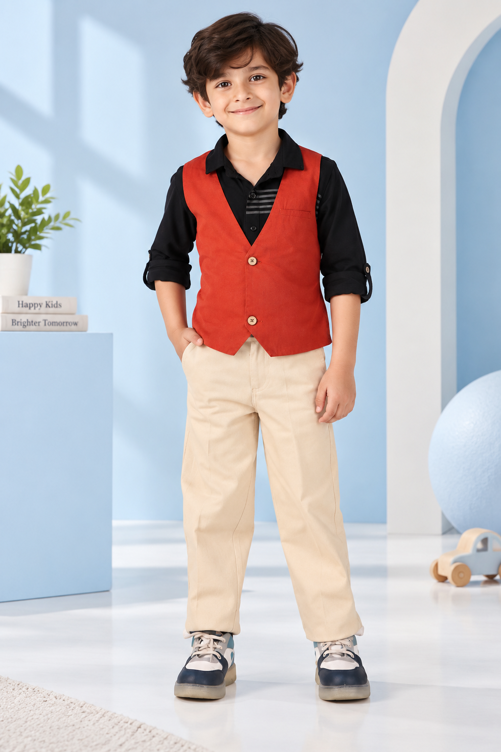 Red boys sleeveless waistcoat with black contrast shoulders and front button closure

