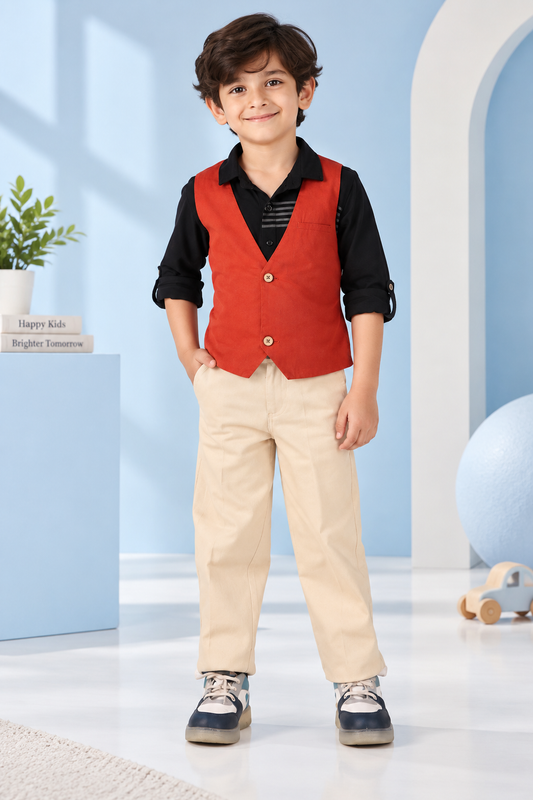 Red boys sleeveless waistcoat with black contrast shoulders and front button closure

