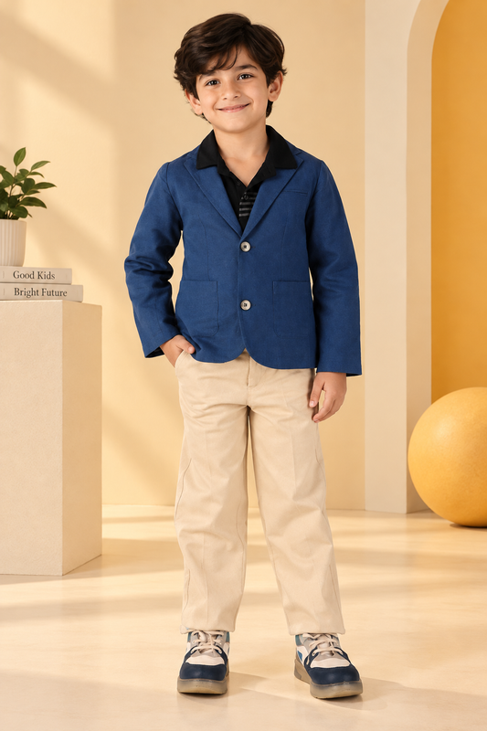 Blue boys long sleeve casual jacket with front button closure and collared neck
