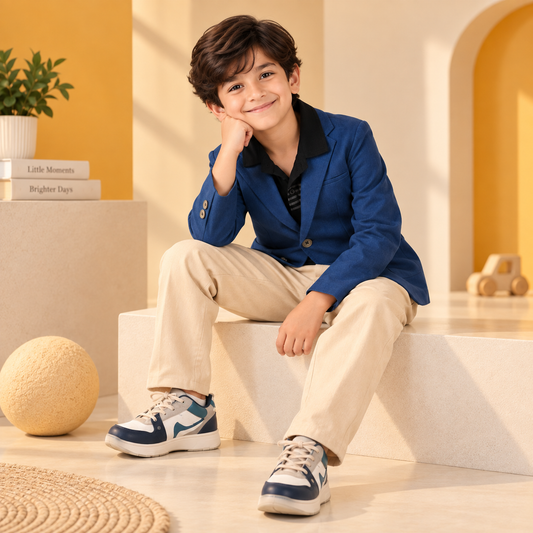 Blue boys long sleeve casual jacket with front button closure and collared neck