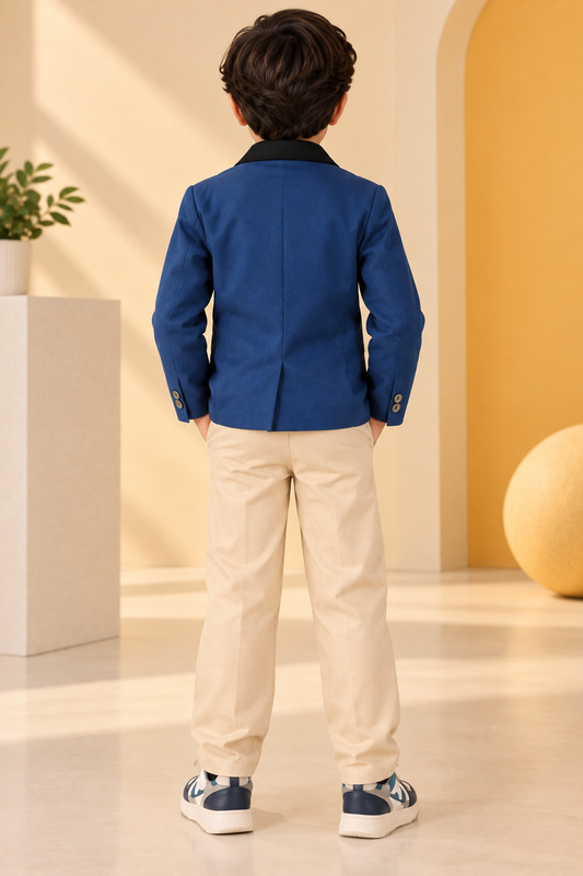 Blue boys long sleeve casual jacket with front button closure and collared neck