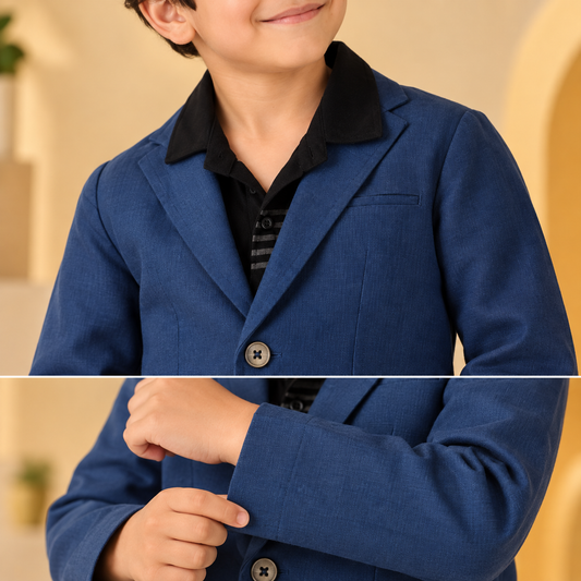Blue boys long sleeve casual jacket with front button closure and collared neck