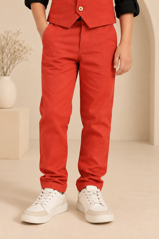 Red boys casual trousers with straight-leg fit and clean finish
