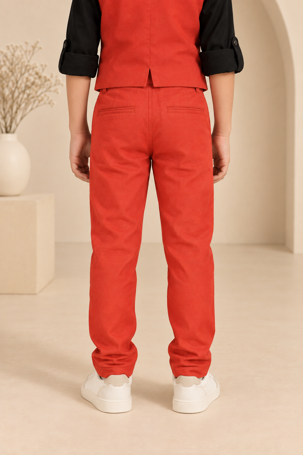 Red boys casual trousers with straight-leg fit and clean finish
