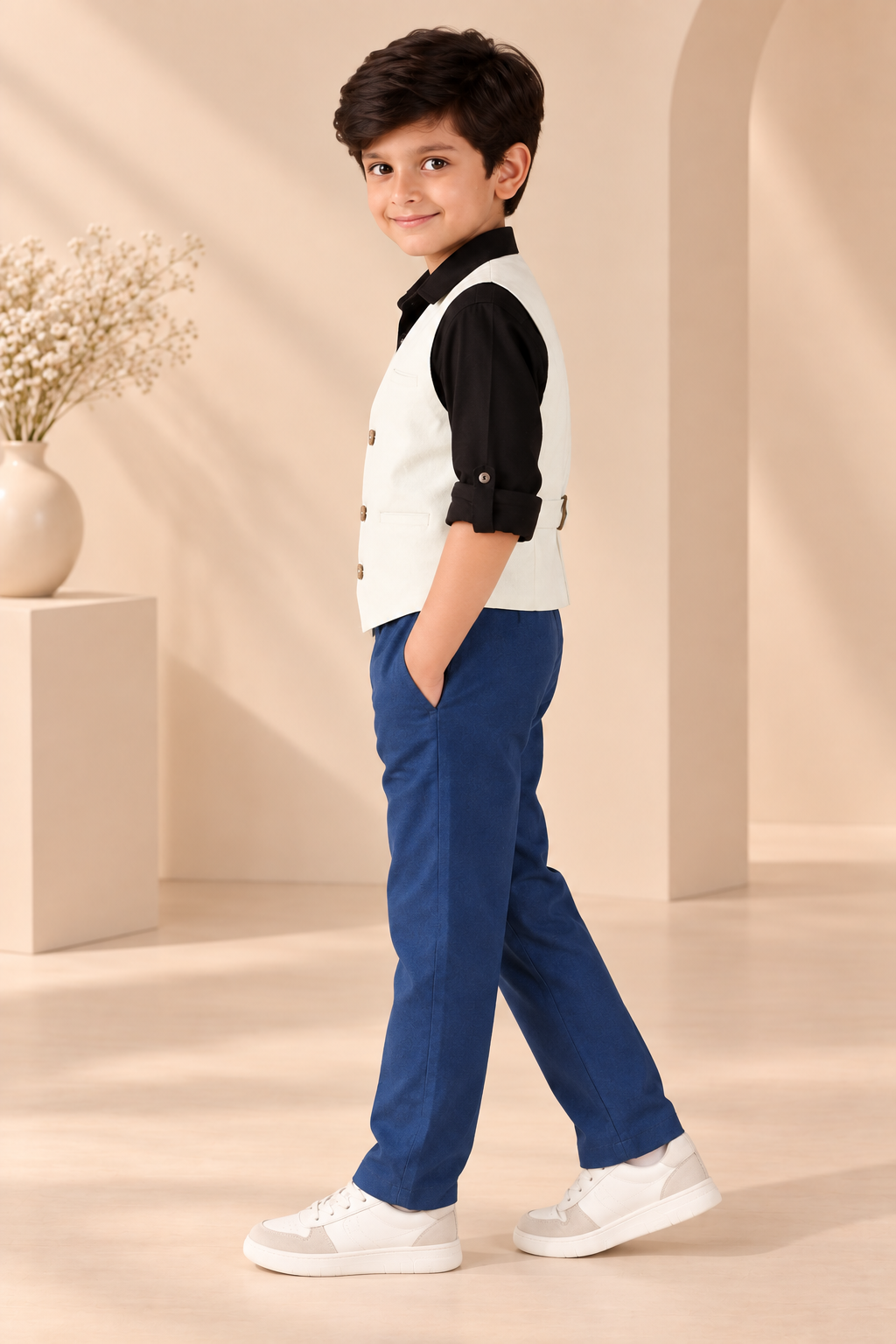 White boys sleeveless waistcoat with black contrast panels and front button closure
