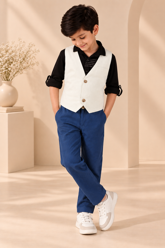 White boys sleeveless waistcoat with black contrast panels and front button closure
