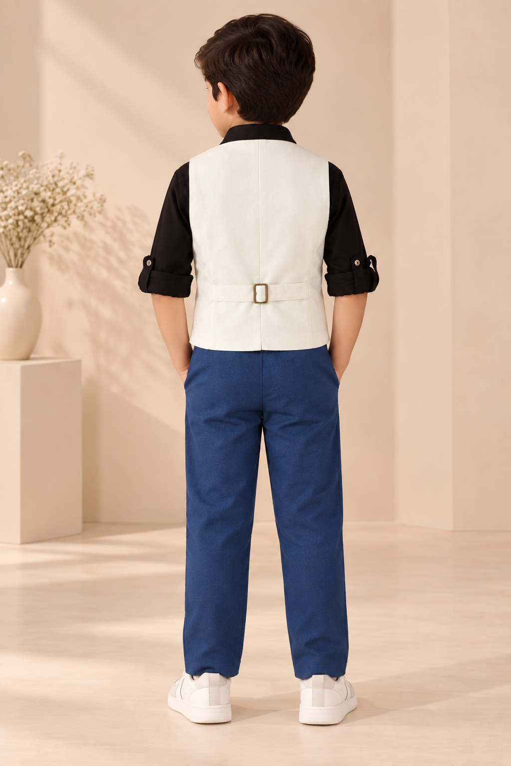 White boys sleeveless waistcoat with black contrast panels and front button closure
