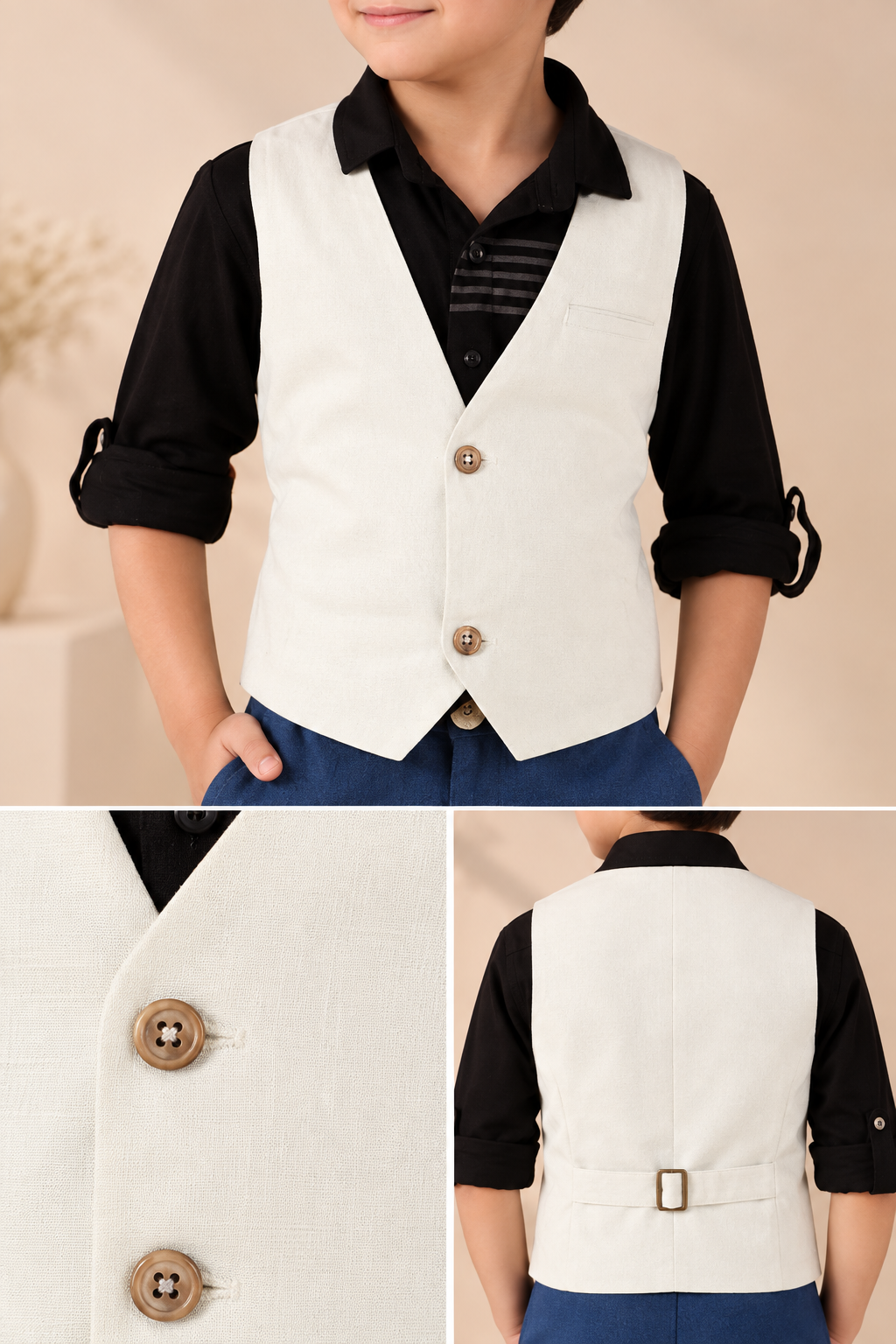 White boys sleeveless waistcoat with black contrast panels and front button closure
