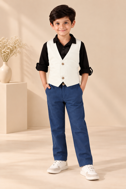 White boys sleeveless waistcoat with black contrast panels and front button closure