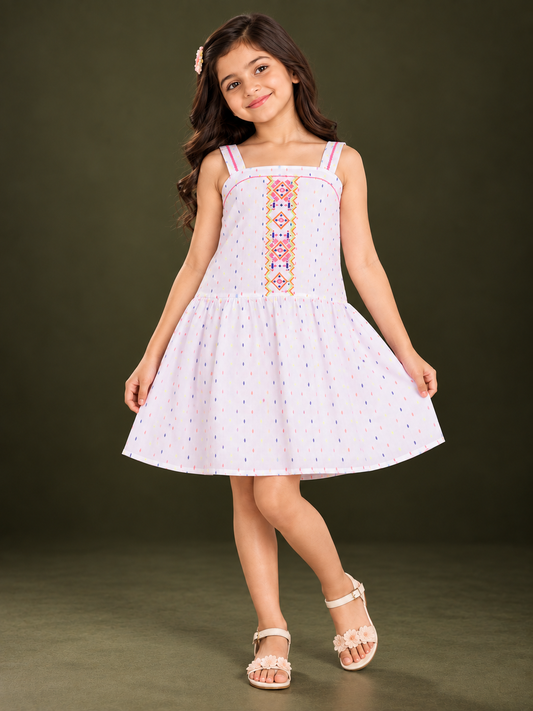 White girls sleeveless top with peach floral embroidery and ruffle detailing