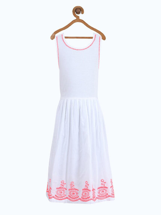 White girls sleeveless fit and flare dress with pastel pink and blue ruffle hem