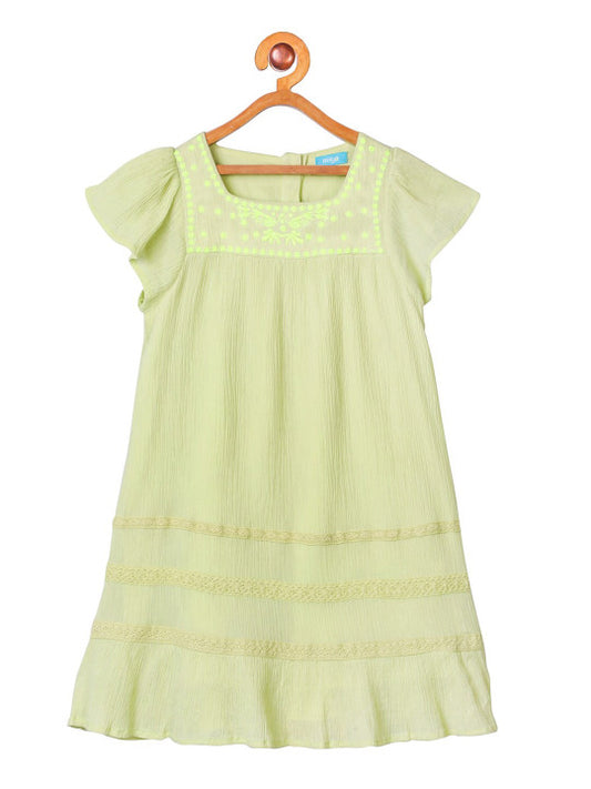 Light green girls short sleeve striped dress with gathered waist and flared hem