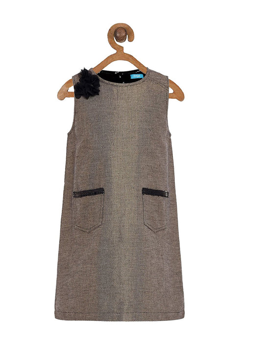 Brown checked girls sleeveless A-line dress with contrast collar and pleated design