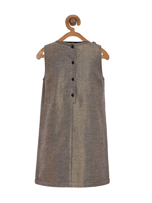 Brown checked girls sleeveless A-line dress with contrast collar and pleated design
