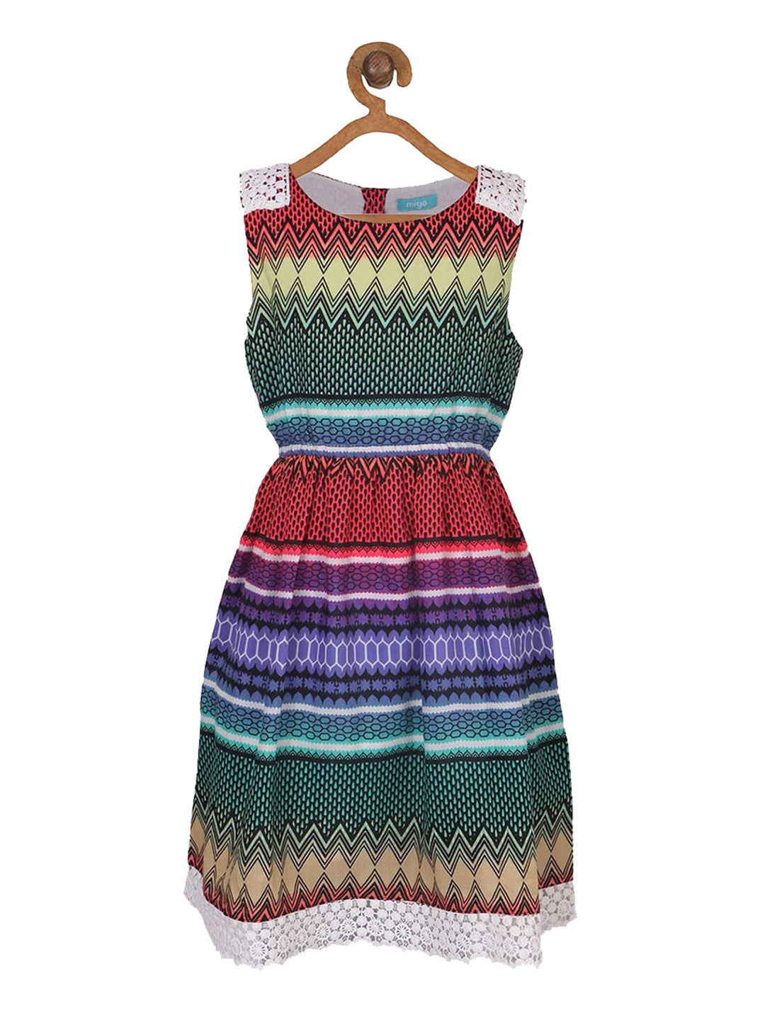 Multicolour striped girls sleeveless fit and flare dress with gathered waist and flared skirt