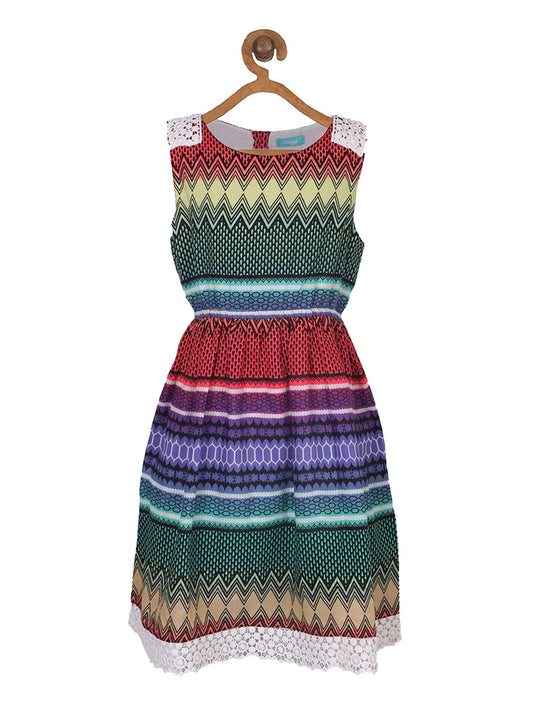 Multicolour striped girls sleeveless fit and flare dress with gathered waist and flared skirt