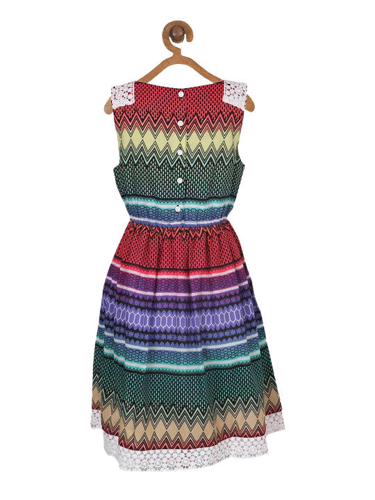 Multicolour striped girls sleeveless fit and flare dress with gathered waist and flared skirt
