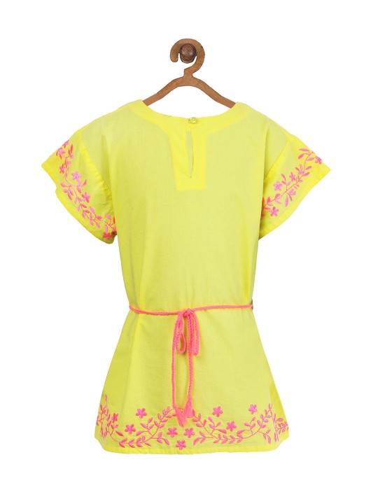 Neon yellow girls short sleeve top and shorts co-ord set with contrast pink detailing