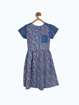 Blue floral printed girls short sleeve dress with gathered waist and flared hem