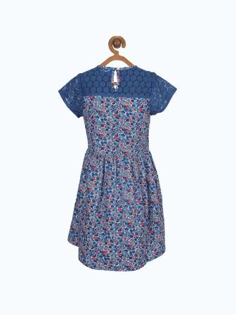 Blue floral printed girls short sleeve dress with gathered waist and flared hem