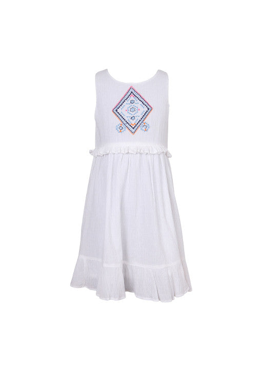White girls sleeveless maxi dress with embroidered bodice, gathered waist and tiered hem