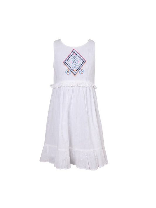 White girls sleeveless maxi dress with embroidered bodice, gathered waist and tiered hem