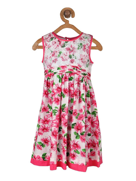 White girls floral printed sleeveless dress with red and green flared skirt