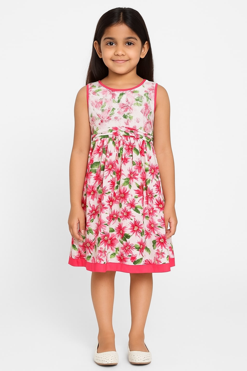 White girls floral printed sleeveless dress with red and green flared skirt