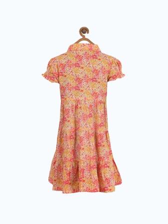 Orange floral printed girls short sleeve dress with ruffle detailing and gathered waist