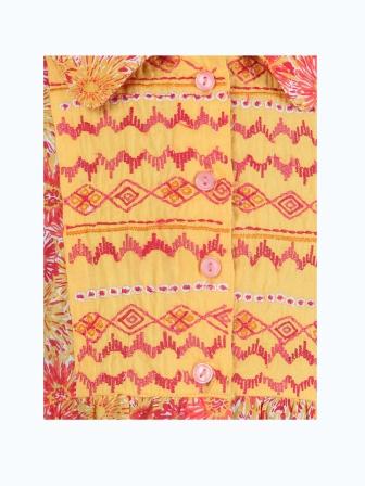 Orange floral printed girls short sleeve dress with ruffle detailing and gathered waist