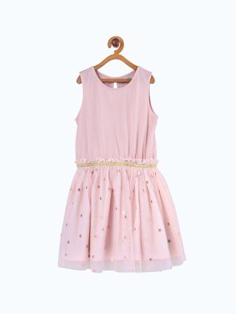 Pink girls sleeveless striped dress with tiered ruffle hem and gathered waist
