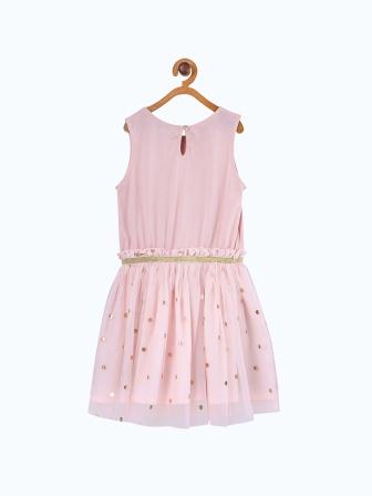 Pink girls sleeveless striped dress with tiered ruffle hem and gathered waist