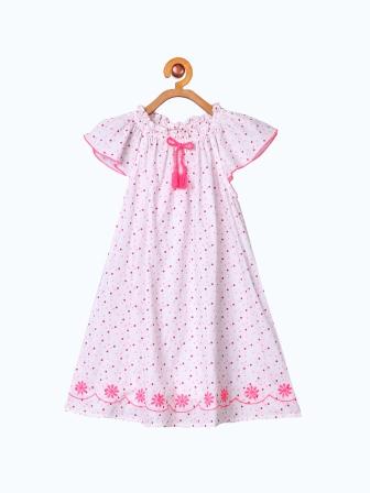 Pink and white girls sleeveless fit and flare dress with bow detailing and flared hem