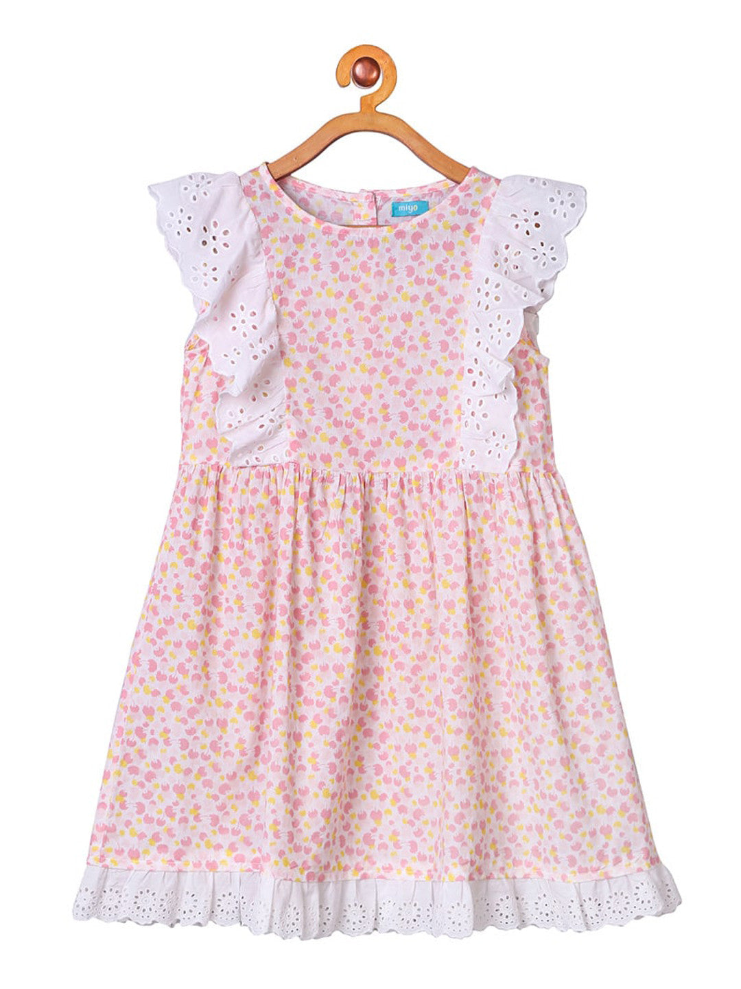 Pink floral printed girls short sleeve fit and flare dress with lace trim and flared hem
