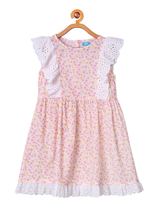 Pink floral printed girls short sleeve fit and flare dress with lace trim and flared hem