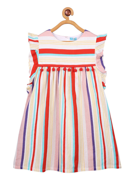 Multicolour striped girls sleeveless fit and flare dress with ruffle detailing and flared hem