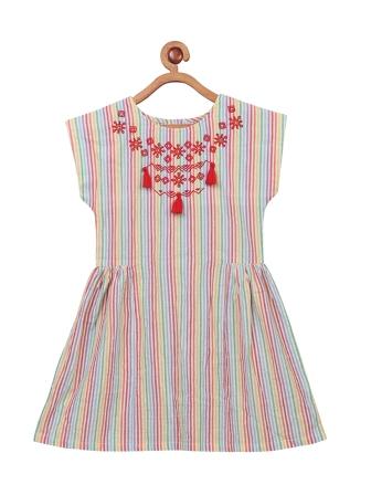 Beige and pink striped girls sleeveless A-line dress with embroidered neckline and flared hem