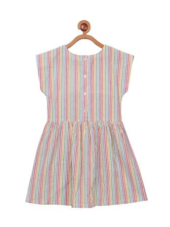 Beige and pink striped girls sleeveless A-line dress with embroidered neckline and flared hem