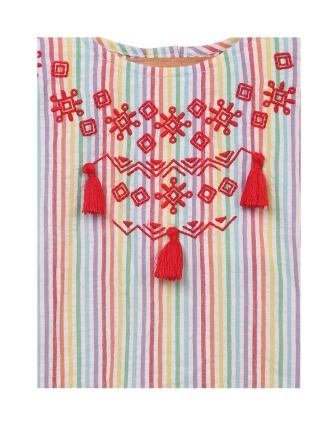 Beige and pink striped girls sleeveless A-line dress with embroidered neckline and flared hem