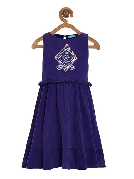 Navy blue girls sleeveless velvet fit and flare dress with embellished waist
