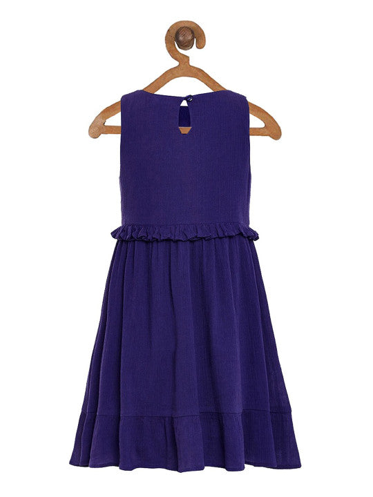 Navy blue girls sleeveless velvet fit and flare dress with embellished waist