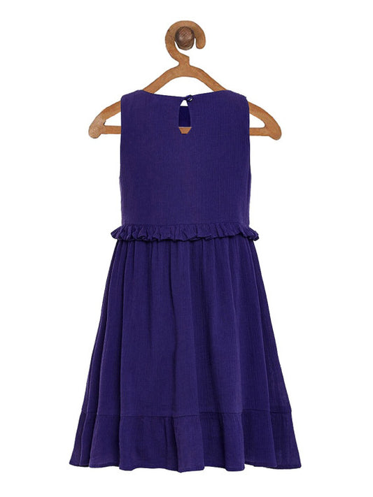 Navy blue girls sleeveless velvet fit and flare dress with embellished waist