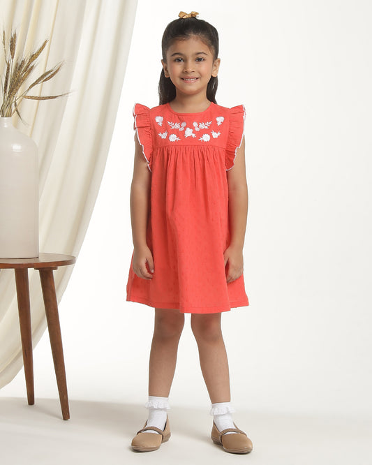 Red girls sleeveless fit and flare dress with embellished neckline and flared hem
