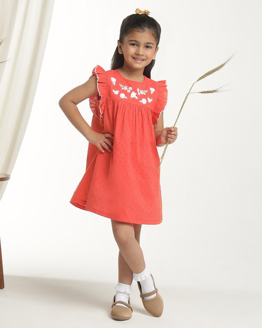 Red girls sleeveless fit and flare dress with embellished neckline and flared hem