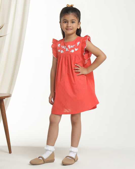 Red girls sleeveless fit and flare dress with embellished neckline and flared hem