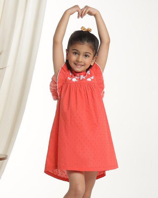Red girls sleeveless fit and flare dress with embellished neckline and flared hem